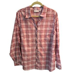Plaid Pearl Snap Front Long Sleeve Shirt Denim & Co Size 1X Pink Metallic